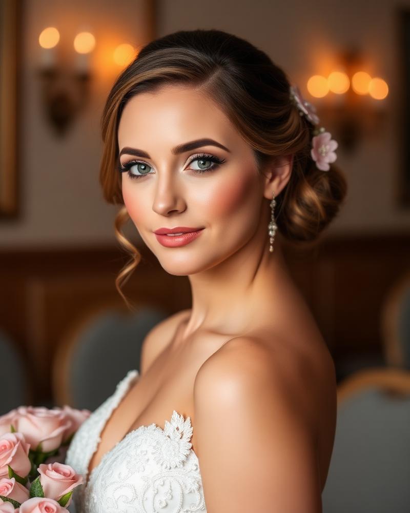Bridal makeup with floral updo